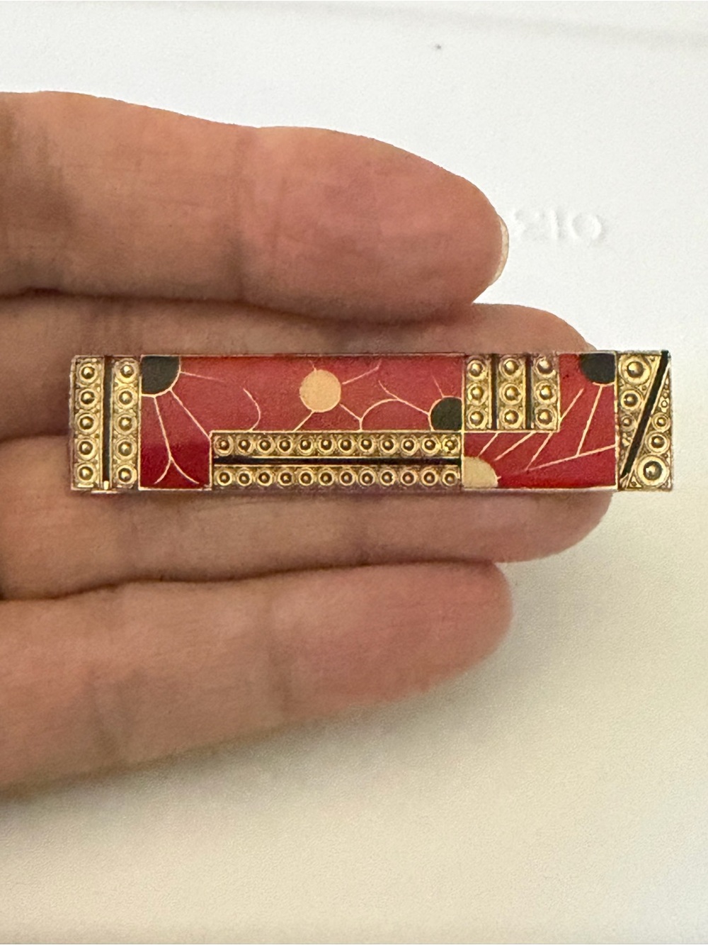 Gold-Tone Red Enamel Deco Bar Brooch  Gender neutral design